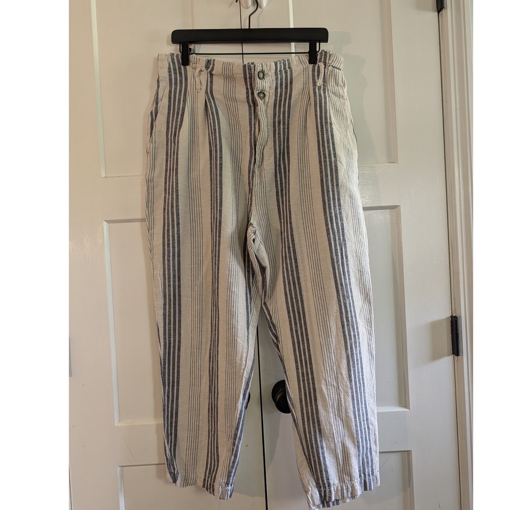 April Kiss Striped Linen Blend XL Pants Wide Leg Cropped Pull On Elastic Waist